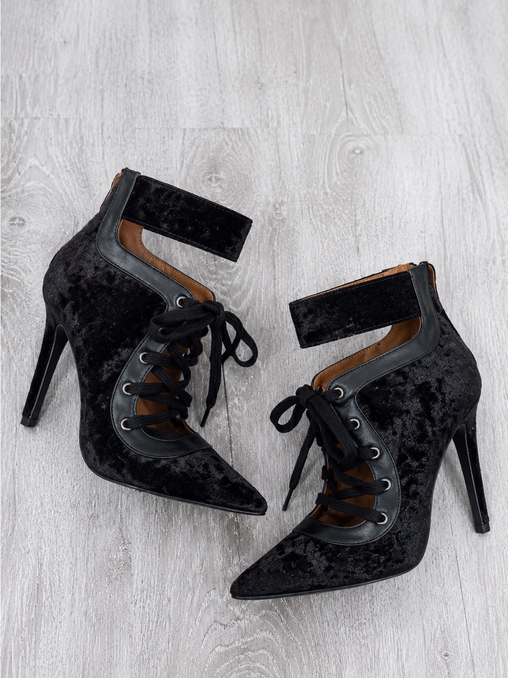 Black velvet pointed toe lace up heeled booties heels